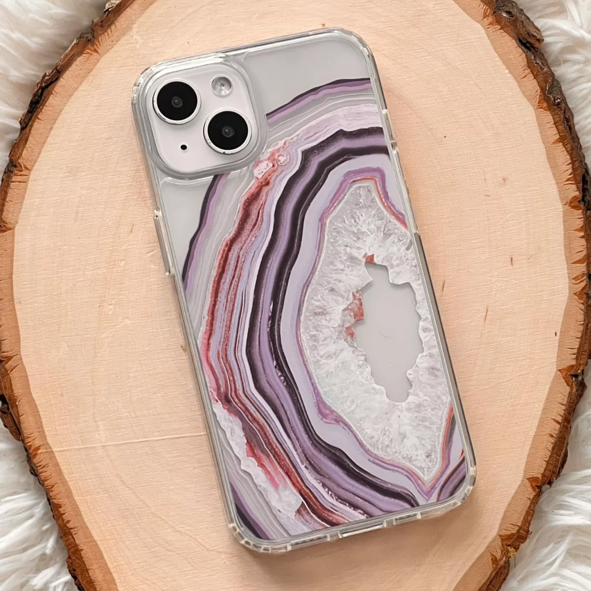 Pink Lilac Agate Geode Slice Clear Phone Case - Image 3