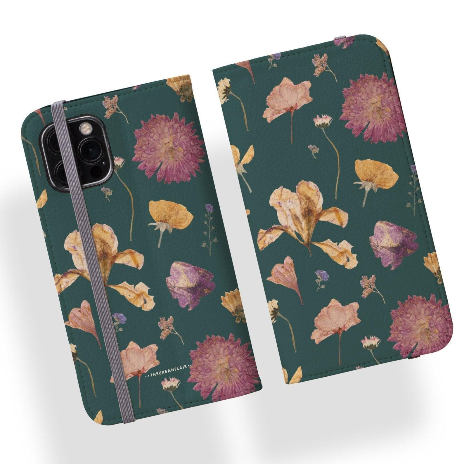Teal Pressed Flowers Print Wallet Phone Case - Image 3